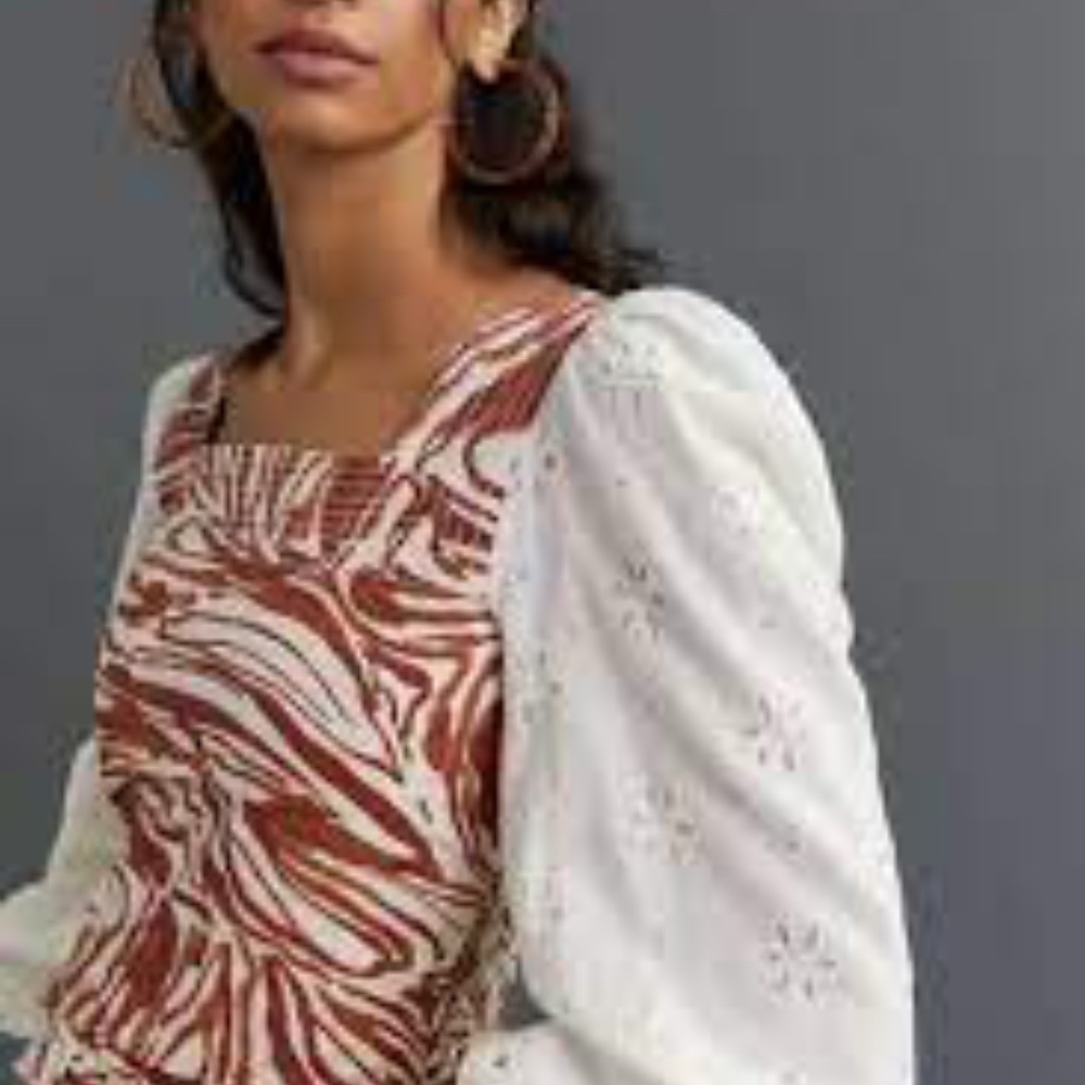 NWT Love The Label Anthropologie $160 Eyelet Boho Smocked Puff Sleeve Blouse XS
